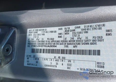 2019 Ford Escape Sel из США, поврежденный, VIN 1FMCU9HD7KUA26504